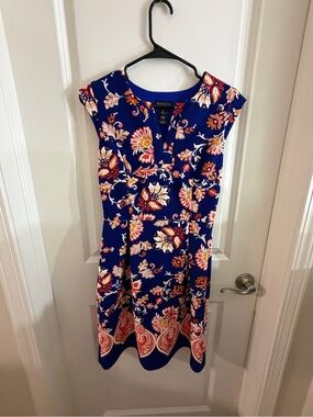 Enfocus Studio Royal Blue Floral Midi Dress with Coral Accents